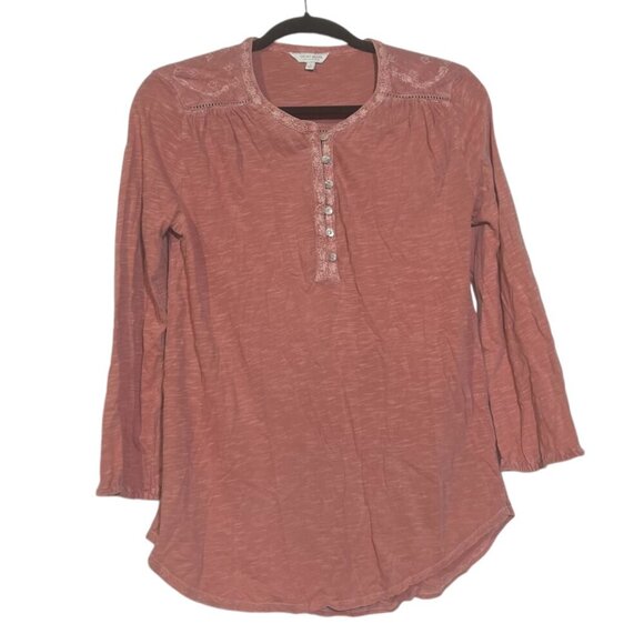 Lucky Brand Embroidered Tunic Popover Floral Dusty Rose Sz Small Ruffle Placket - Picture 1 of 9